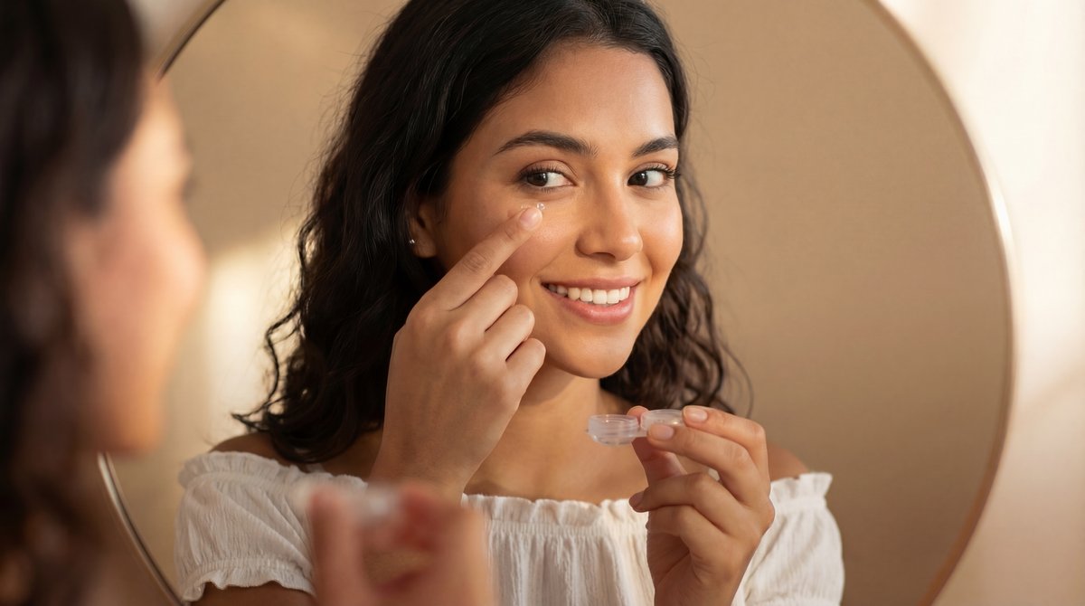 Mujer colocándose lente de contacto